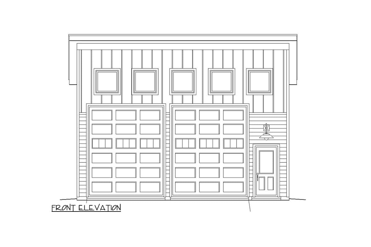 Front elevation drawing of a house plan with two garage doors, a single door, and five square windows.