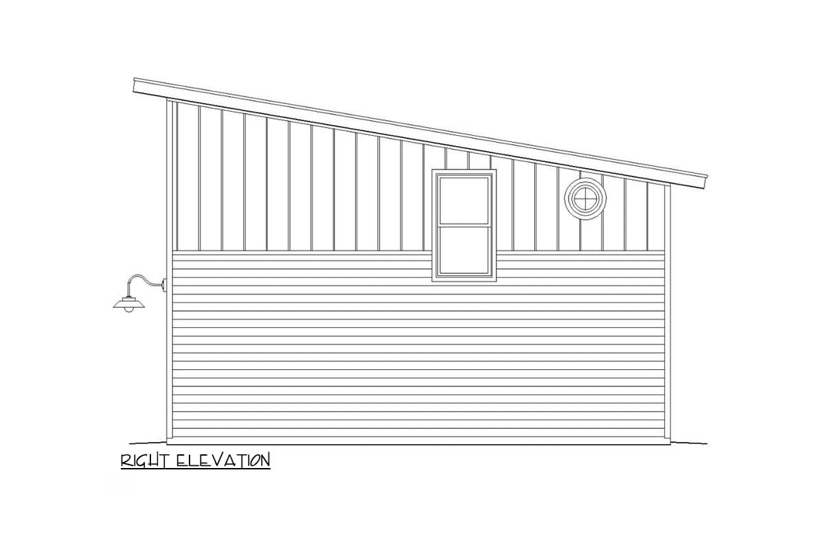 Right elevation drawing of a house plan showing horizontal siding, vertical siding, a window, a round window, and an exterior light.