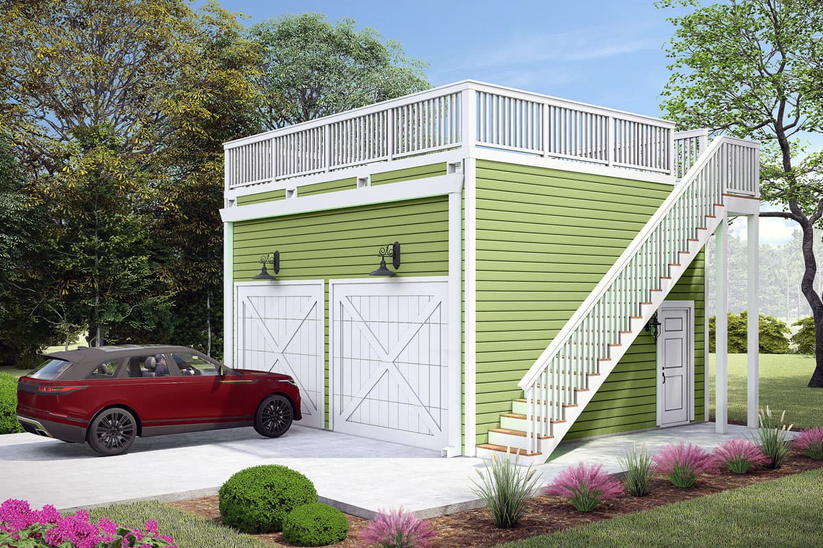 House plan exterior with two-story garage. Features include white garage doors, a staircase to a rooftop deck, and a green exterior.