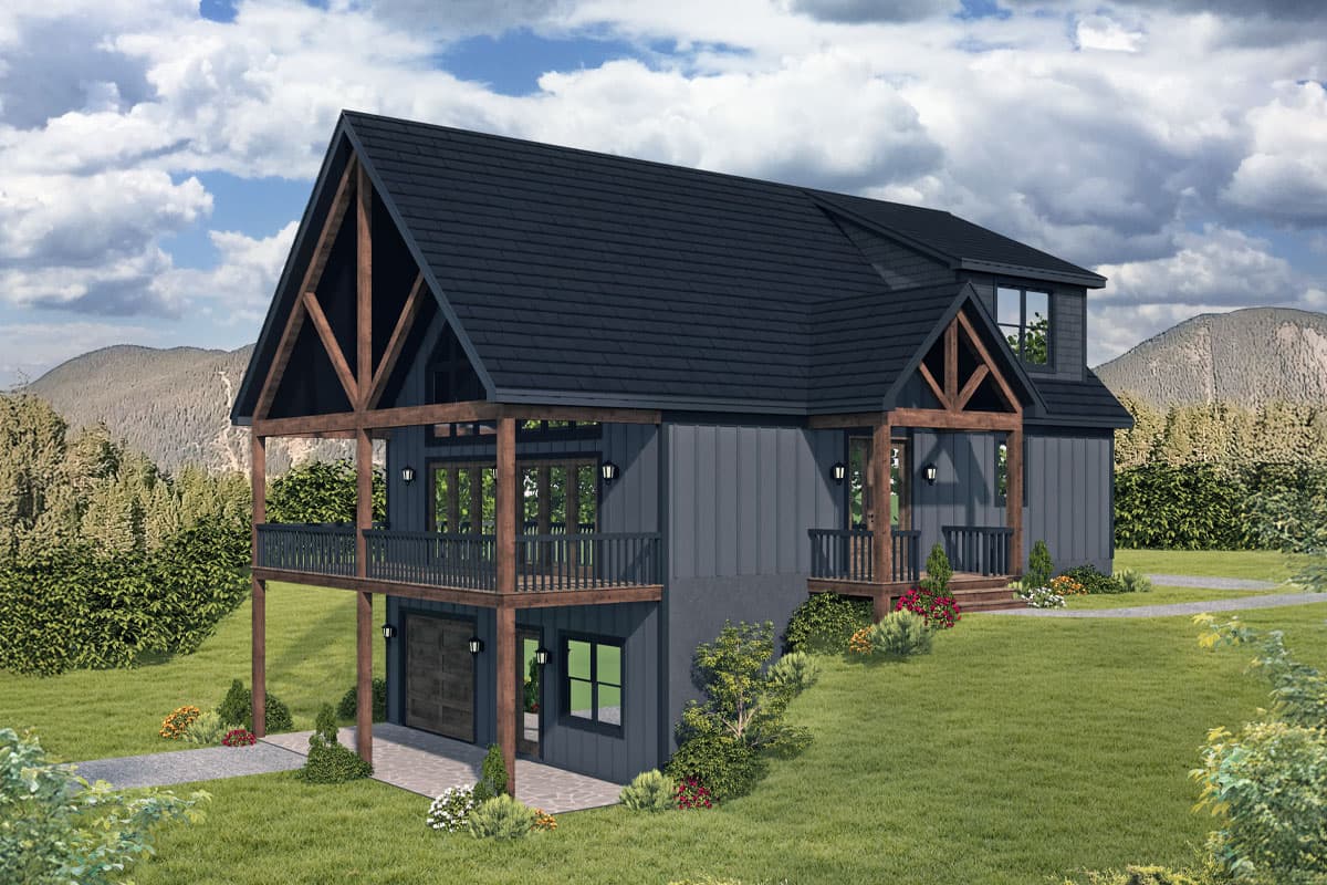 House plan exterior. Two-story home with a gabled roof, timber-framed porch, and an attached garage. Vertical siding and balcony.