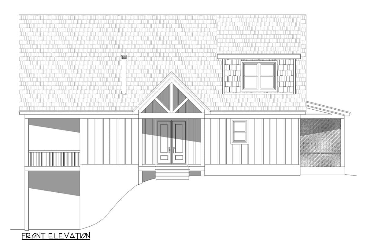 Front elevation house plan with gabled entry, vertical siding, porch, and screened-in area.