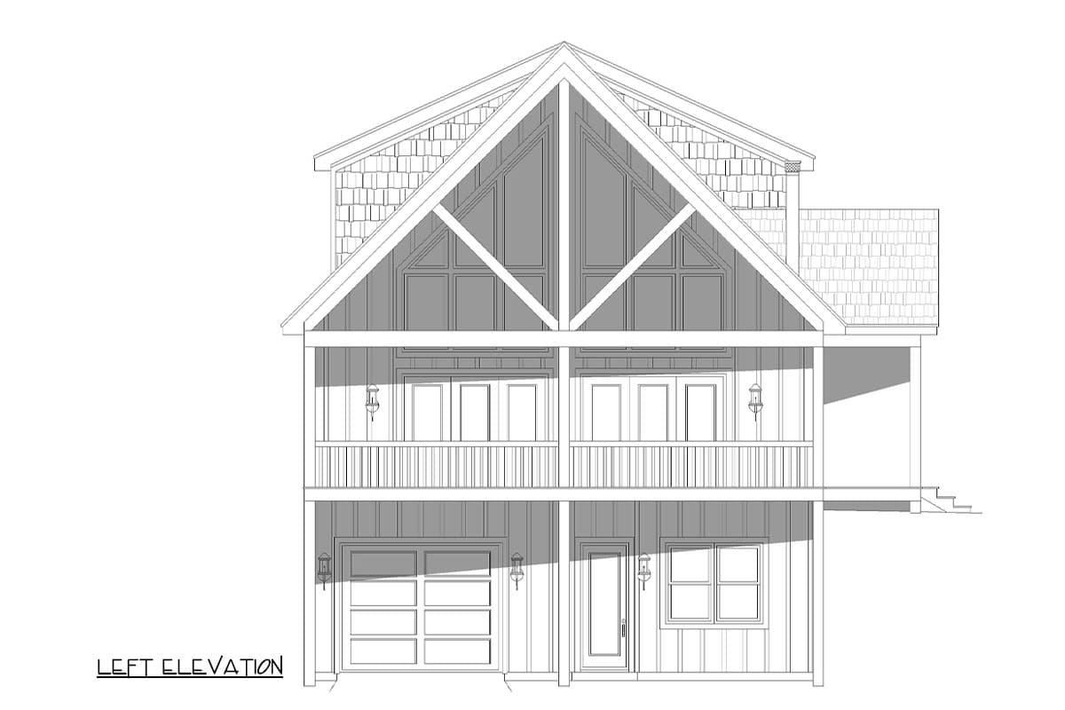Left elevation drawing of a two-story house plan featuring a prominent gable, double balconies, a garage, and a front door.