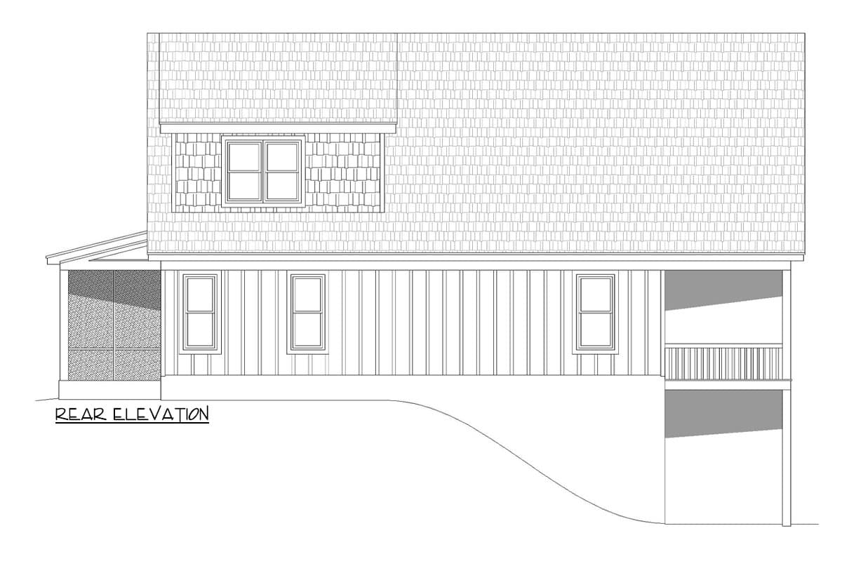 Rear elevation of a house plan showing a screened porch, vertical siding, a dormer with shingle siding, and a deck.