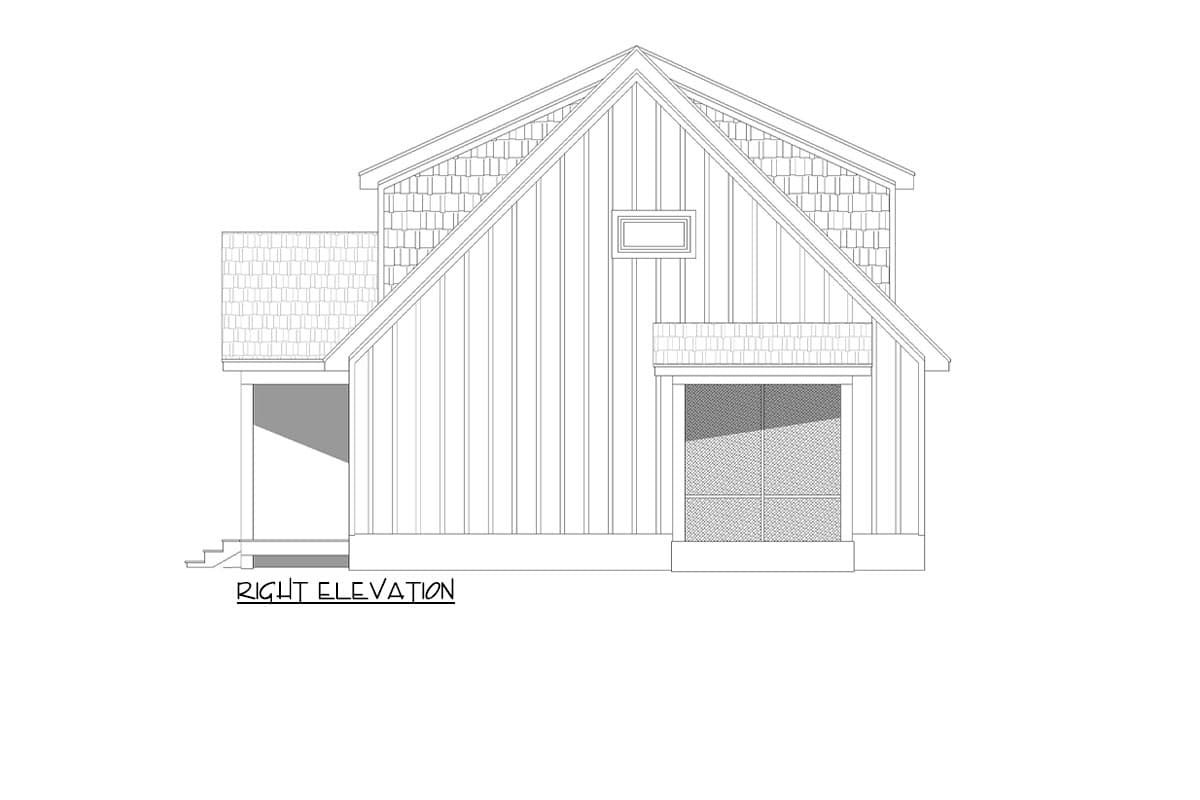 Right elevation of a house plan featuring board and batten siding, cedar shingles, a gable roof, and a garage door.