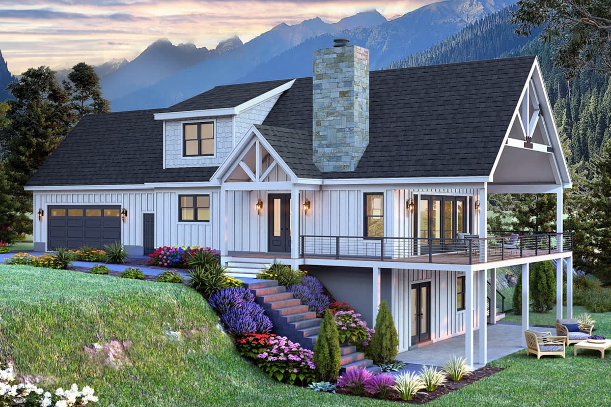 House plan exterior with board and batten siding, a gable roof, stone chimney, and a covered porch. Two-story home with a garage.