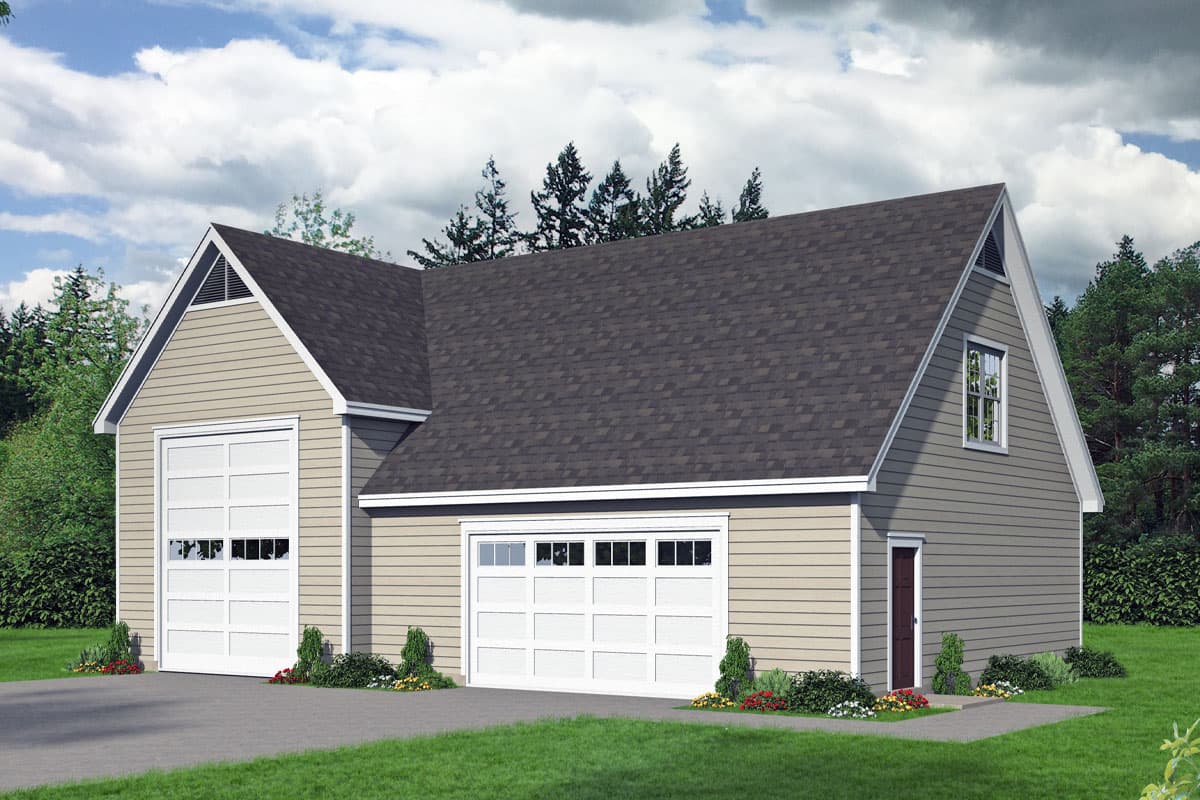 House plan exterior with two-car garage, multiple gables, and a steeply pitched roof. Features include two garage doors and a small entry door.