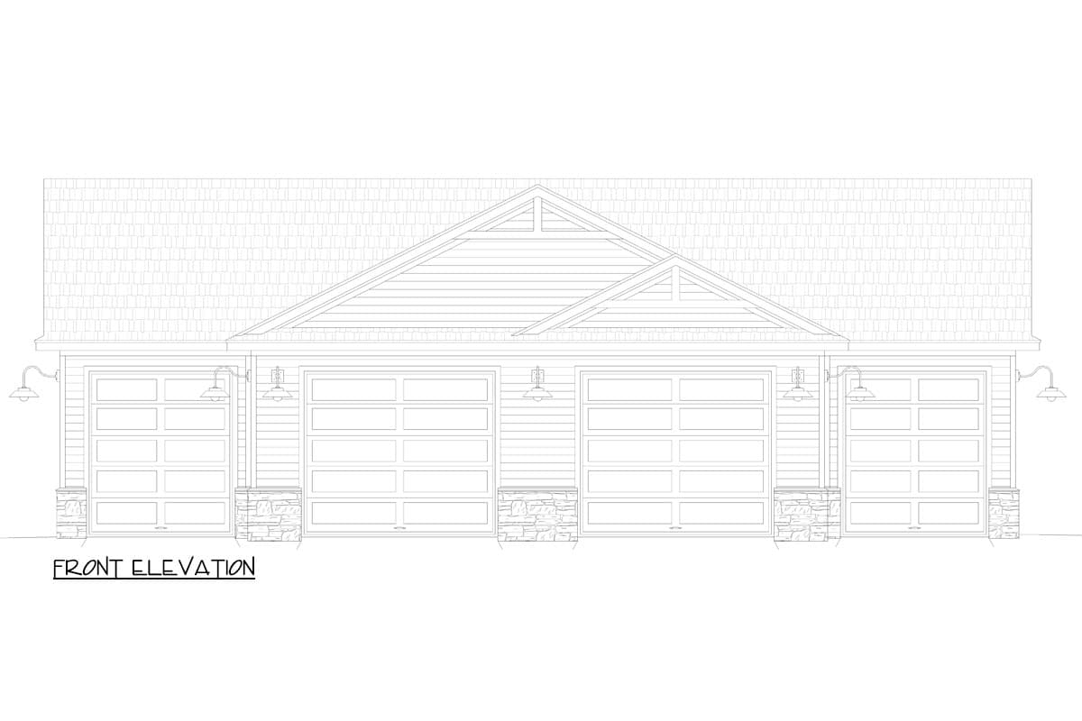Front elevation drawing of house plan with a three-car garage, horizontal siding, gable, and stone accents.