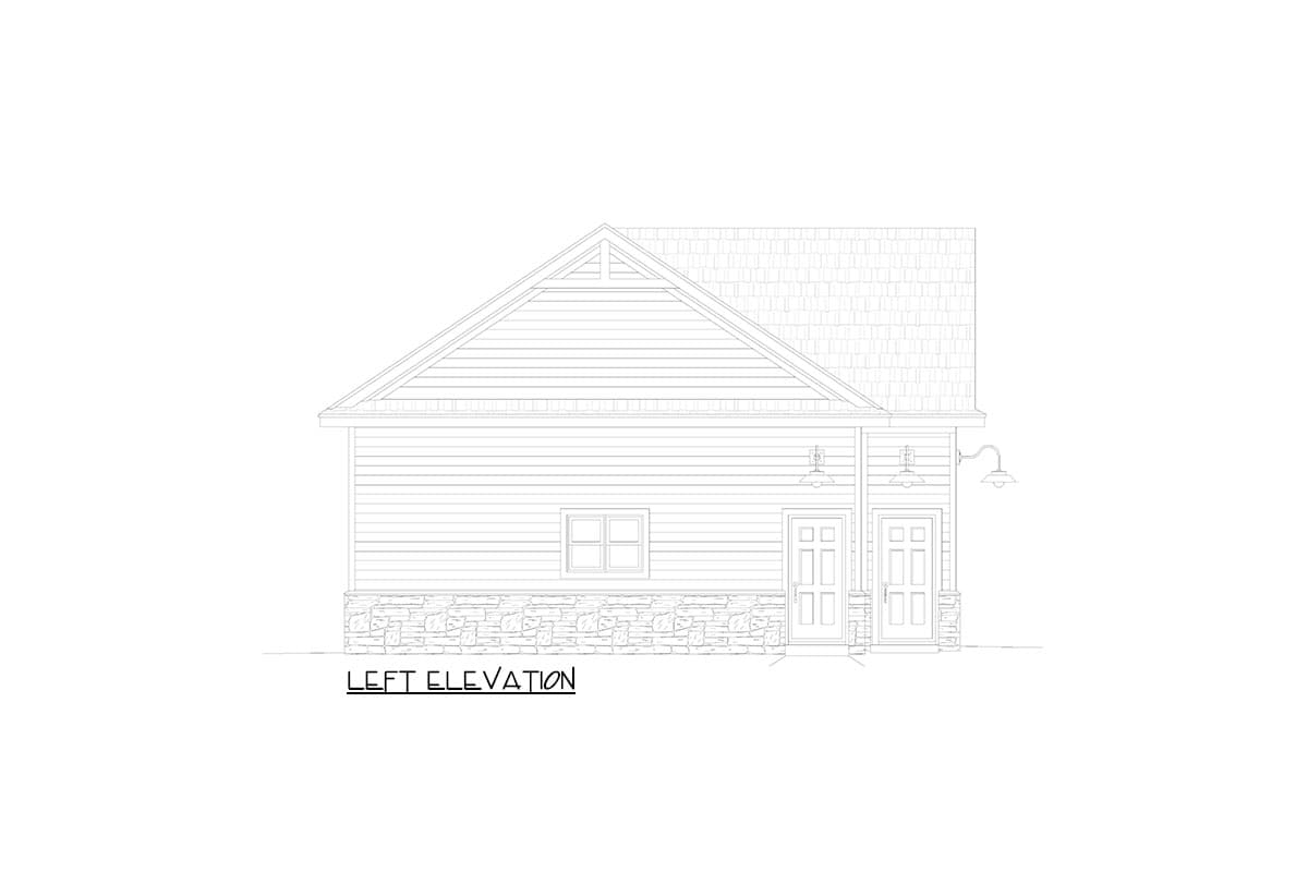 Left elevation of house plan with gable, two doors, stone foundation, and exterior lighting.