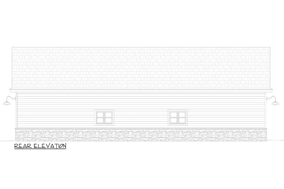 Rear elevation drawing of a house with horizontal siding, stone foundation, two windows, and exterior lights.