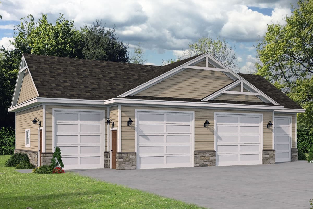 House plan exterior. Craftsman style, single-story garage with three bays. Features include gabled roof, stone veneer, and decorative trim details.