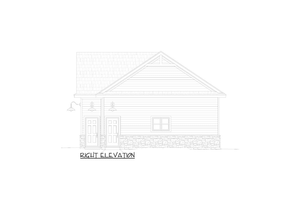Right elevation drawing of house with two front doors, stone base, and gabled roof.