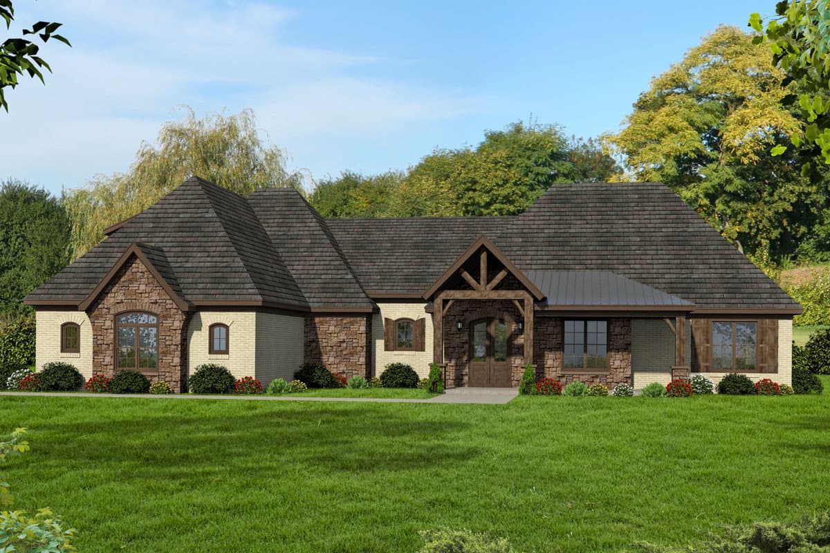 House plan exterior featuring a low-pitched roof, brick and stone facade, and a covered front porch with timber-frame details.