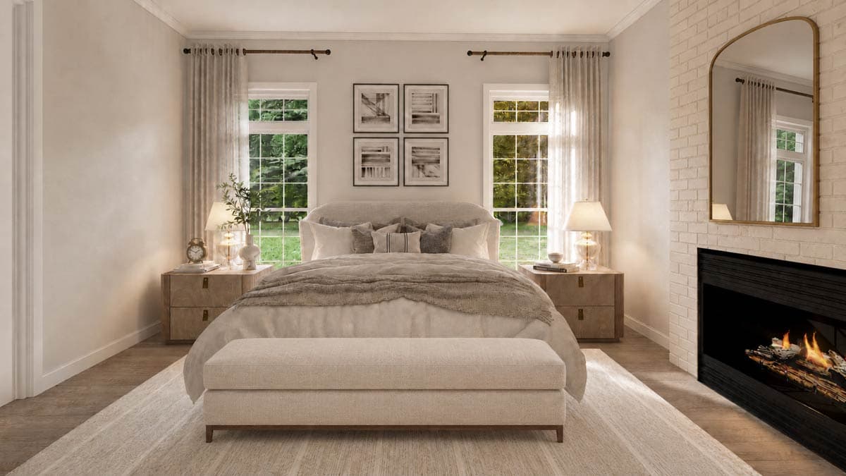 Bedroom rendering with a king-sized bed, two nightstands, a fireplace, and two windows with garden views.