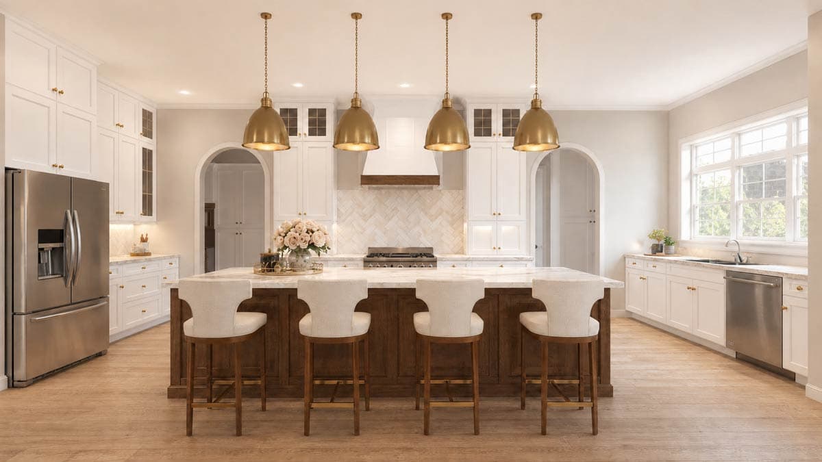 White kitchen with large island, four pendant lights, paneled cabinets, stainless steel refrigerator and range.
