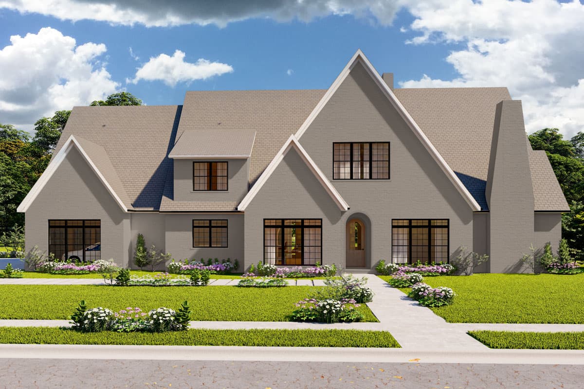 House plan exterior featuring a two-story design with a gable roof, dormers, and a prominent chimney.