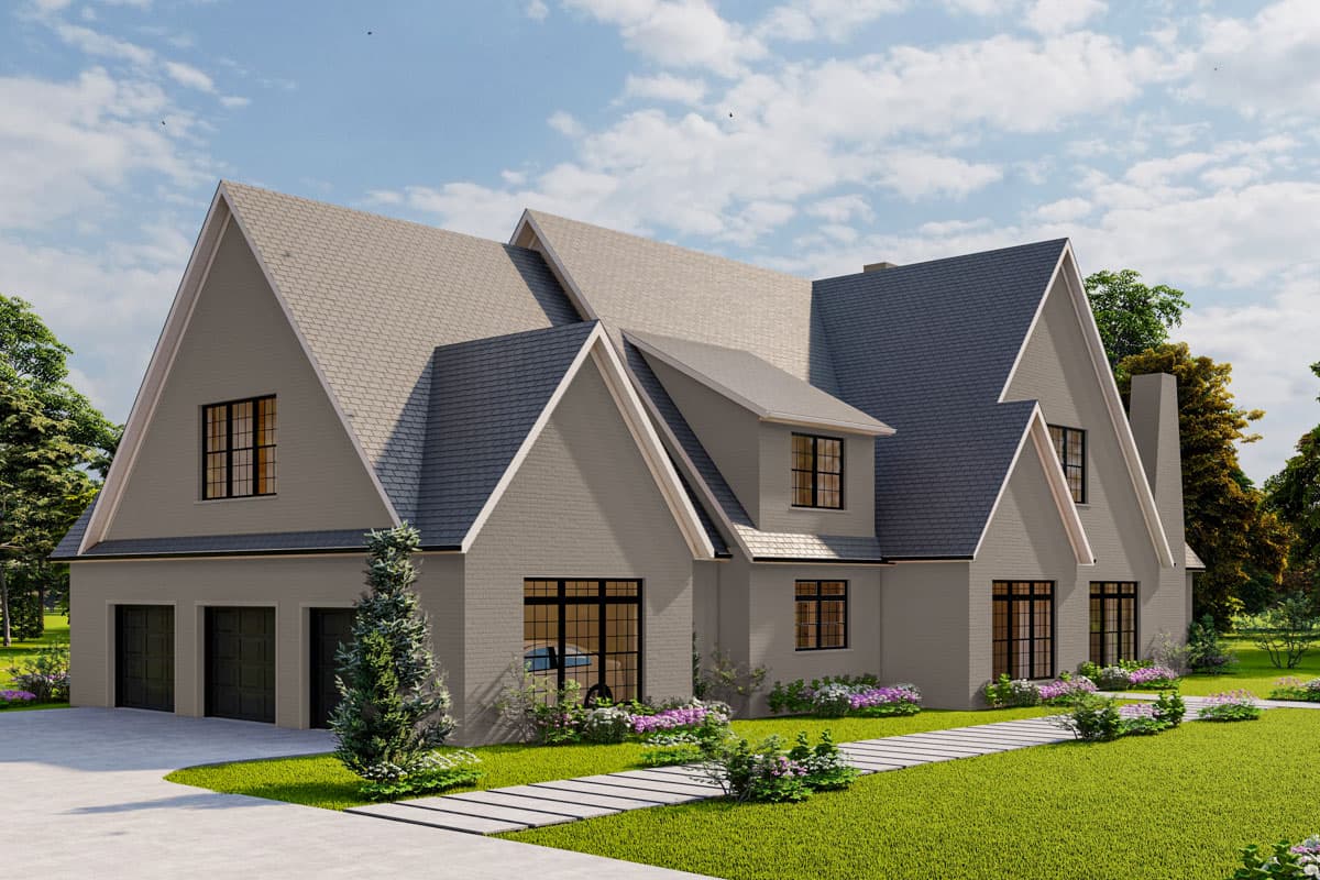 Modern farmhouse house plan exterior with prominent gables, a triple garage, and multiple dormers.