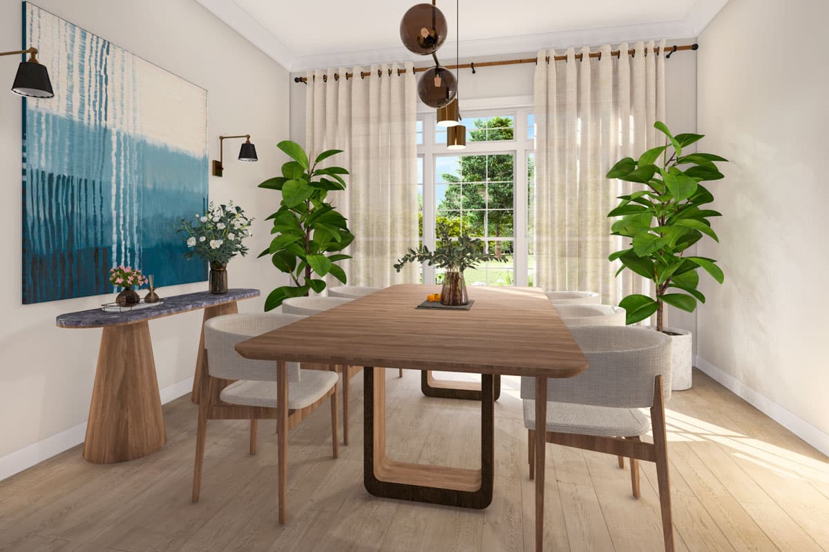 Dining room with wood table, upholstered chairs, abstract art, and large window with sheer curtains.