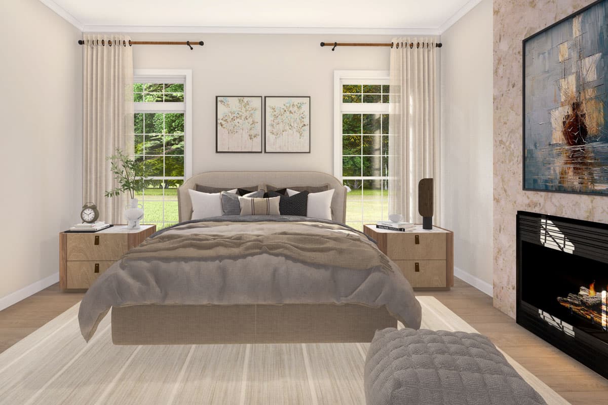 Bedroom rendering with a king-sized bed, two nightstands, a fireplace, and two windows with garden views.