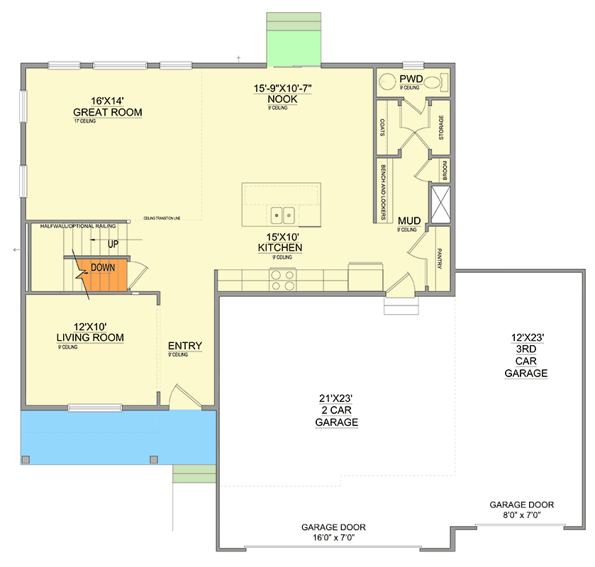 Plan 849041PGE: 4-Bed New American House Plan with Two-Story Great Room - 3172 Sq Ft - Floor Plan - Main Level - Country, New American, Traditional
