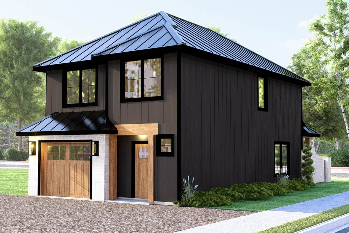 House plan exterior featuring two stories, metal roof, detached garage, and wood accents. Modern design with dark siding and contrasting trim.