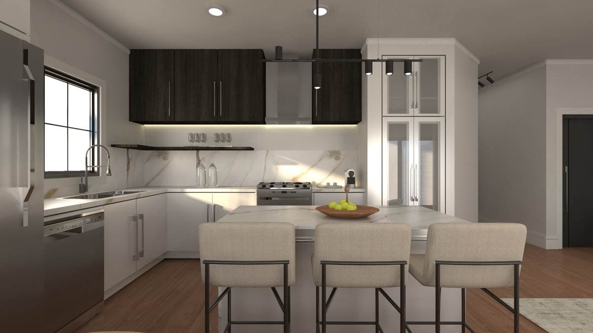 Contemporary kitchen with island, shaker cabinets, waterfall countertop, stainless steel appliances, and marble backsplash.