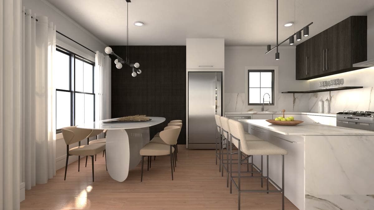 Contemporary kitchen and dining area with island, bar stools, dining table, paneled accent wall, and large windows.