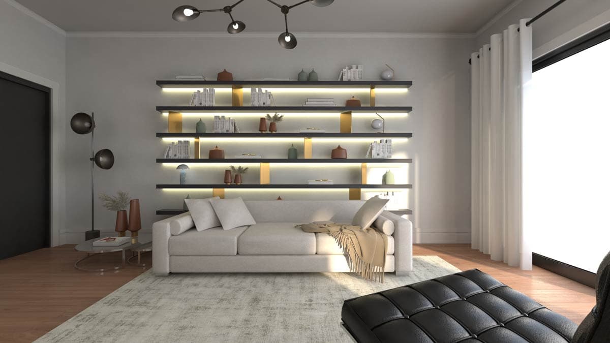 Living room with sectional sofa, floor-to-ceiling illuminated shelves, and large window.