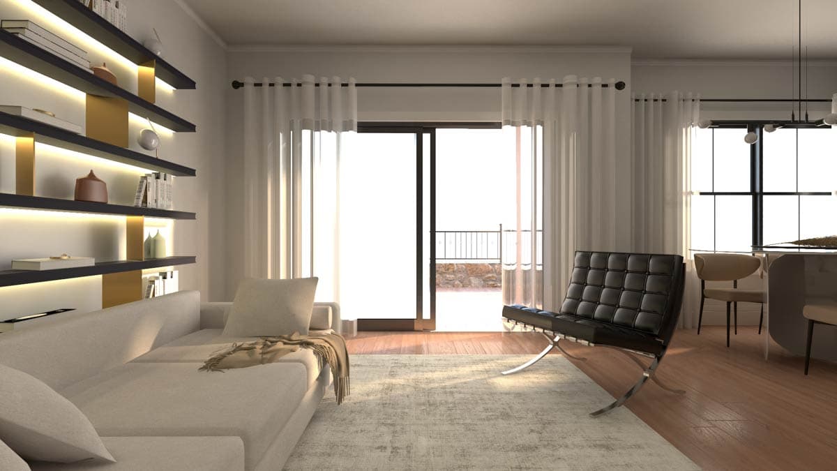 Living room with sectional sofa, Barcelona chair, open shelves, and sliding glass doors to balcony.