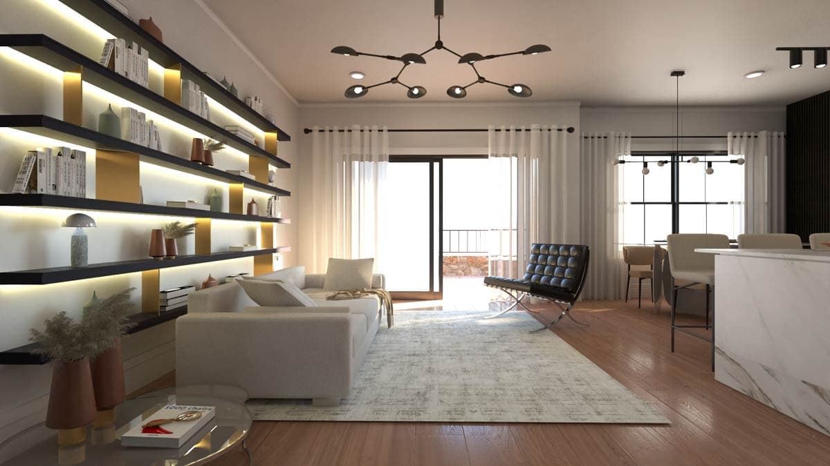 Living room interior rendering with built-in lit shelving, modern sofa, armchair, and marble island.