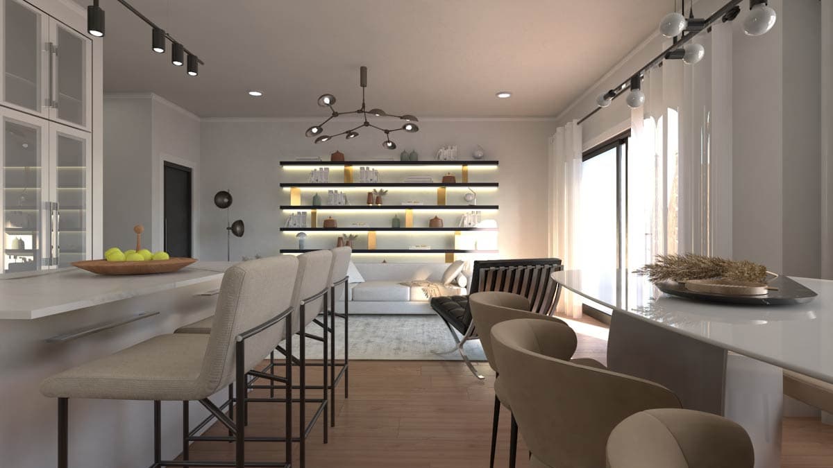 Contemporary open-plan living area with a kitchen island, bar stools, modern sofa, and a large window.
