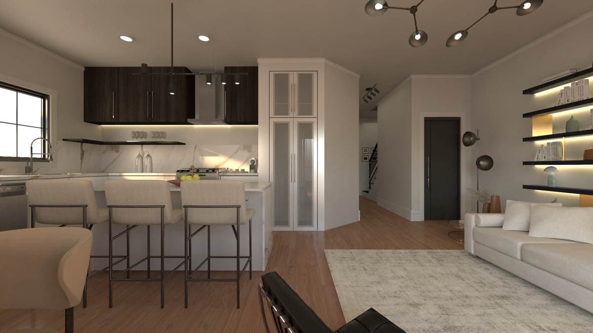 Modern open-concept interior with kitchen island, living room, and staircase visible.