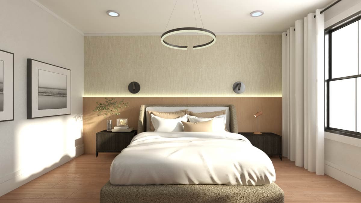 Bedroom interior with king-size bed, textured wallpaper, accent lighting, and large window.