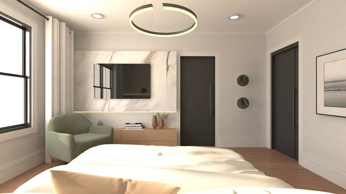 Bedroom rendering with marble accent wall, TV, accent chair, minimalist decor, and large window.