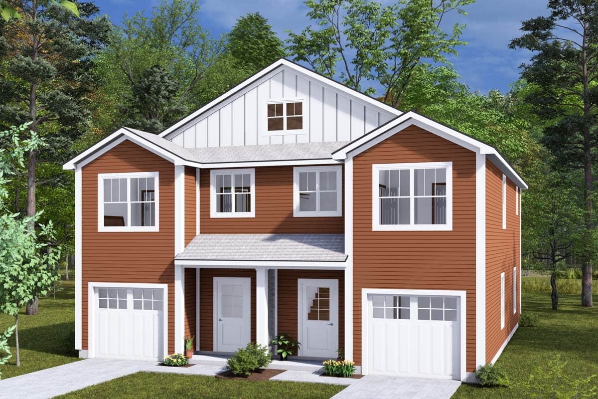 House plan exterior with two stories, Craftsman style. Features include gabled roof, dormers, covered porch, and two-car garage.
