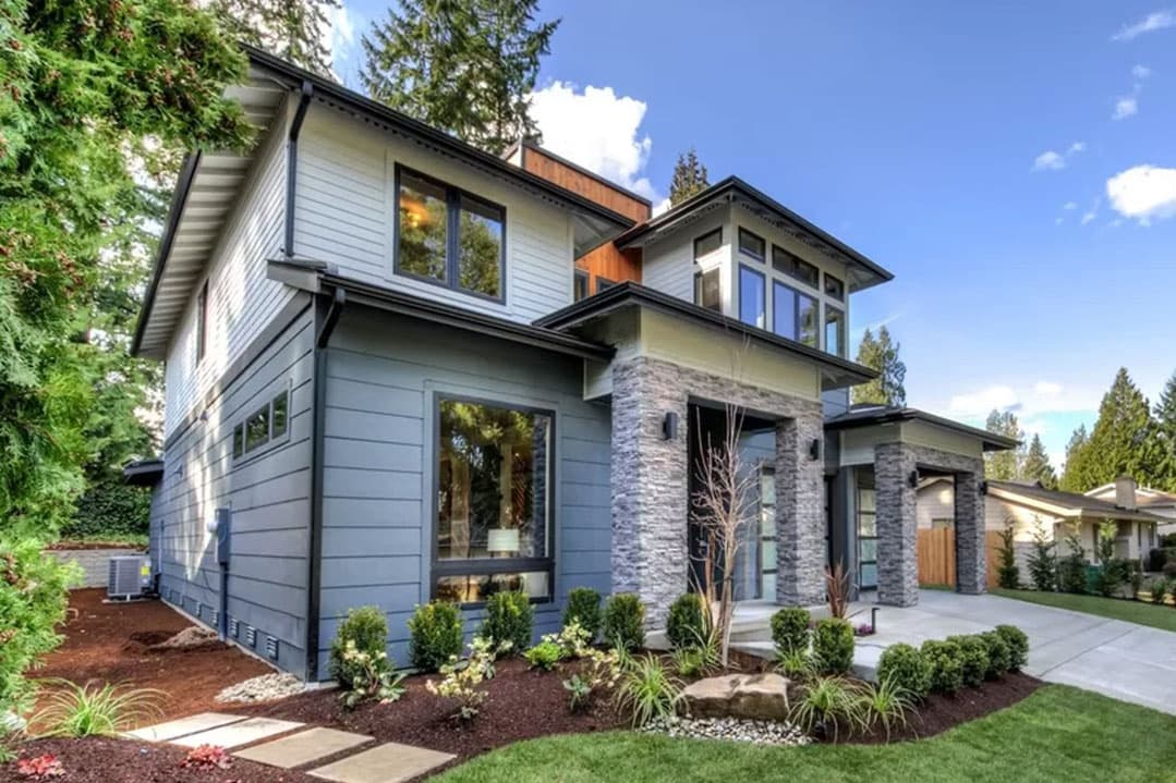 Modern two-story house plan exterior with stone accents, horizontal siding, flat rooflines, and extensive window placement.
