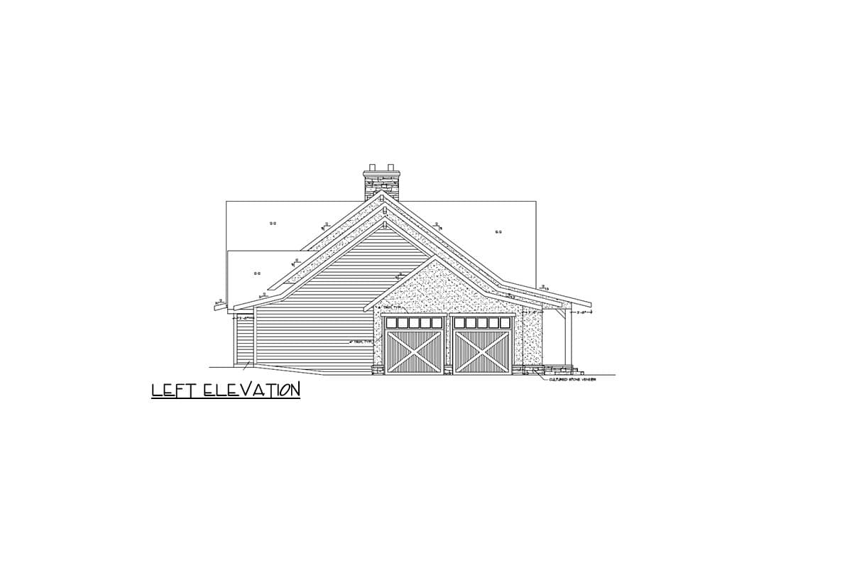 Left elevation house plan showing a two-car garage with stone veneer, wood doors, pitched roof, and chimney.
