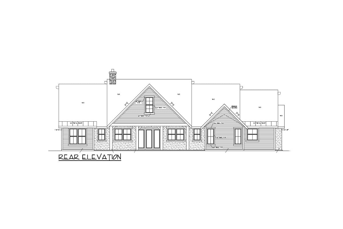 Rear elevation house plan with gabled dormer, stone foundation, and covered entry with timber supports.
