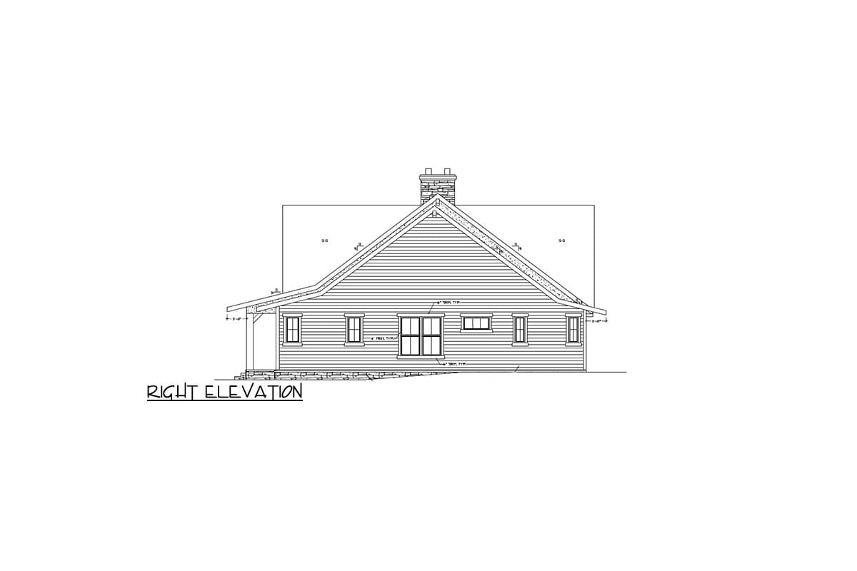 Right elevation drawing of a house plan, featuring horizontal siding, a gabled roof, chimney, and double doors.