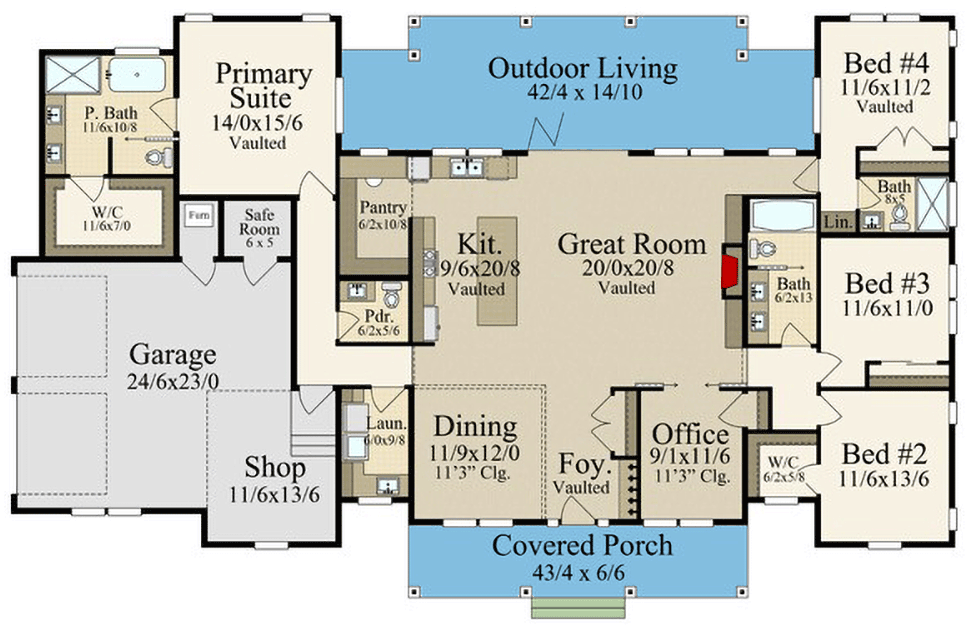 Plan 85453MS: 4-Bed Single-Story Modern Farmhouse Plan with Rustic Charm and Garage Workshop - 2547 Sq Ft - Floor Plan - Main Level - Country, Farmhouse, Modern Farmhouse, New American, Ranch, Rustic