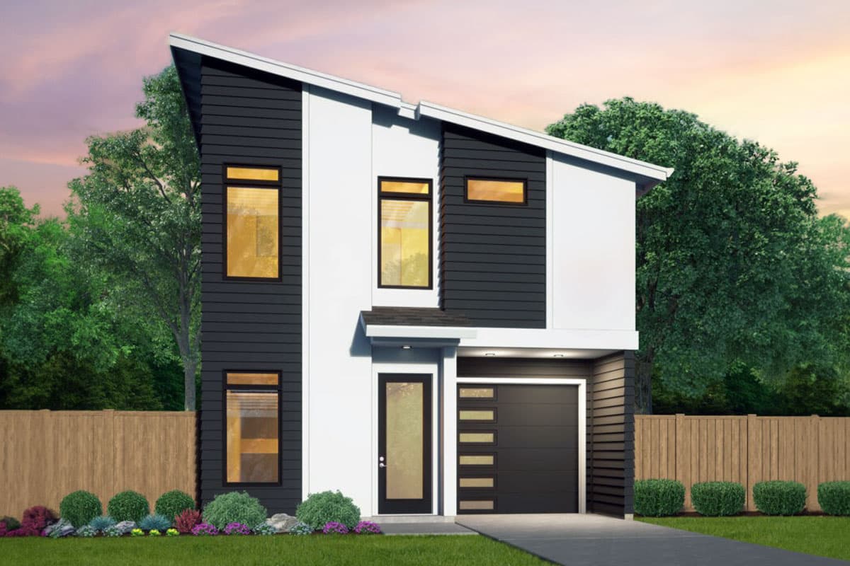 House plan exterior. Two-story modern style with asymmetrical roofline, dark siding, and attached garage. Includes minimal front porch.