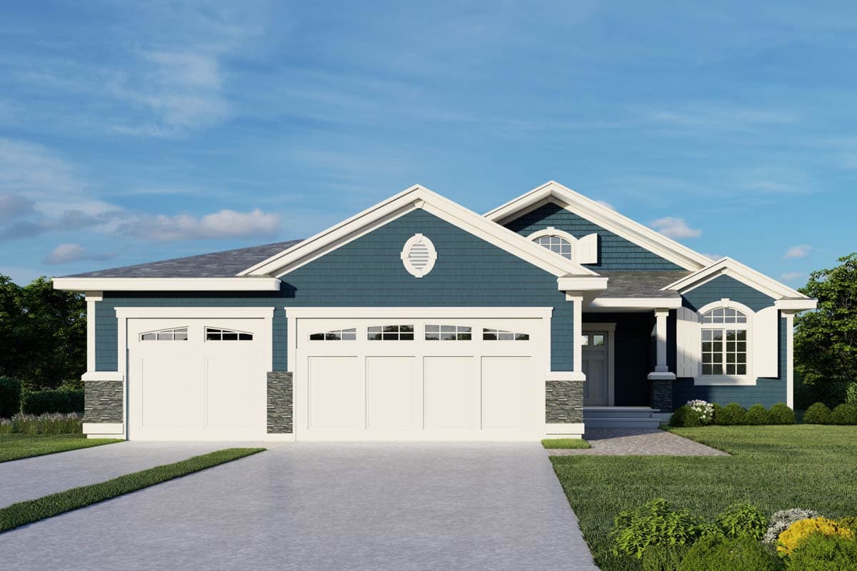 House plan exterior of a one-story home with a triple-car garage, blue siding, stone accents, and arched window dormers.
