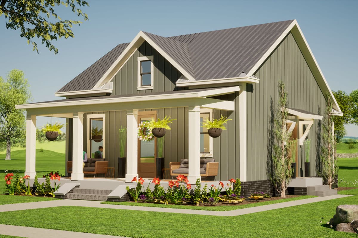 House plan exterior, modern farmhouse style, one story, with gabled dormer, wraparound porch, and board and batten siding.