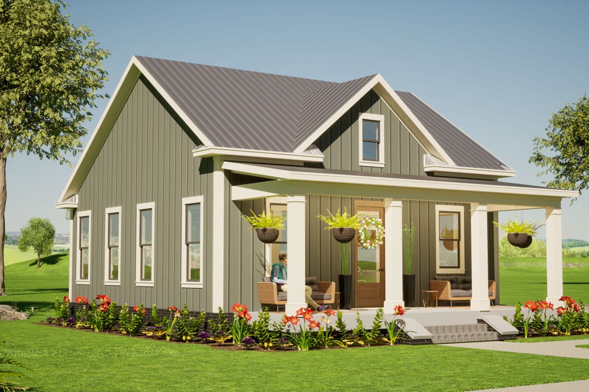 House plan exterior. Two-story Modern Farmhouse with a porch, gabled roof, and dormer. Features vertical siding and a metal roof.