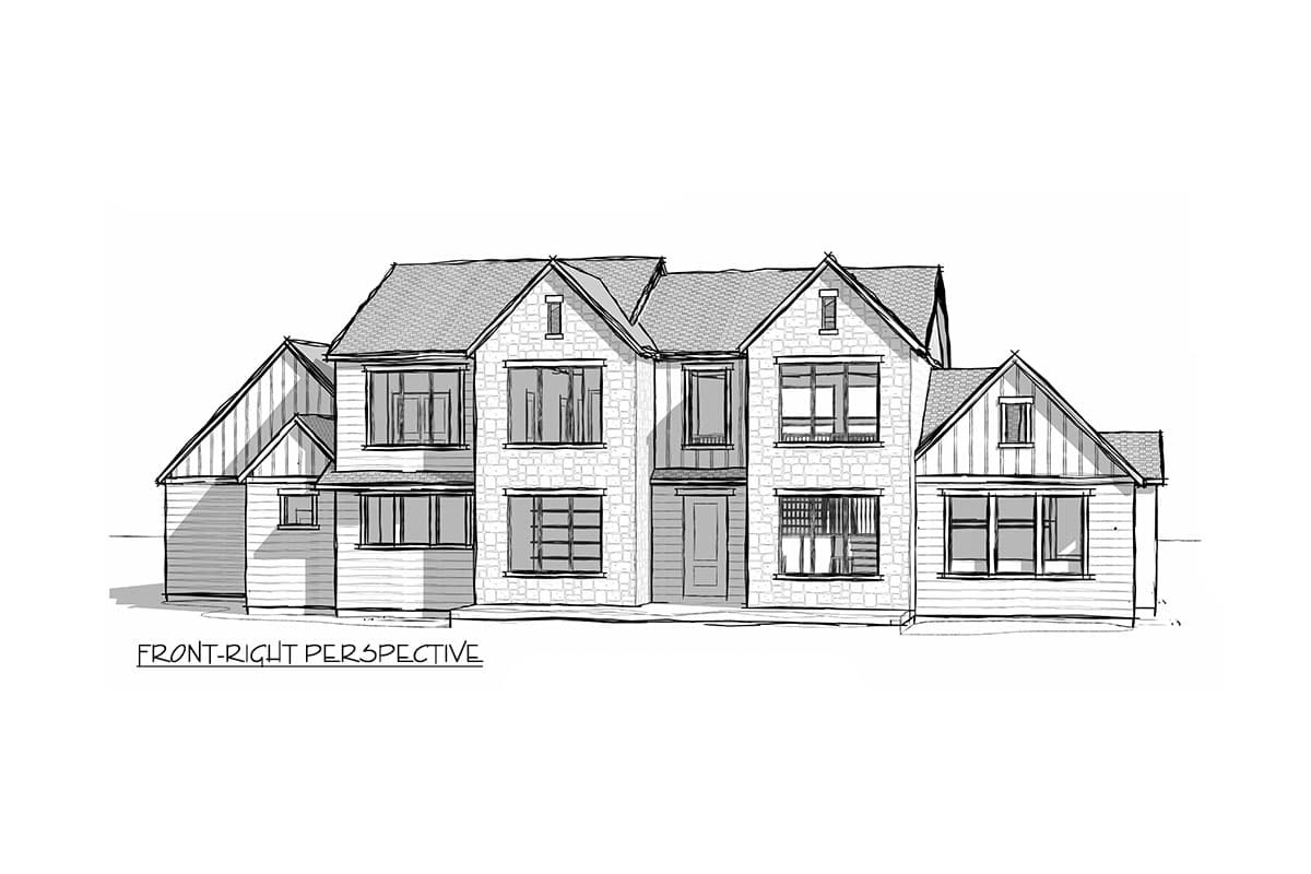House plan exterior drawing: two-story home with stone and wood siding, multiple gables, and varied window styles.