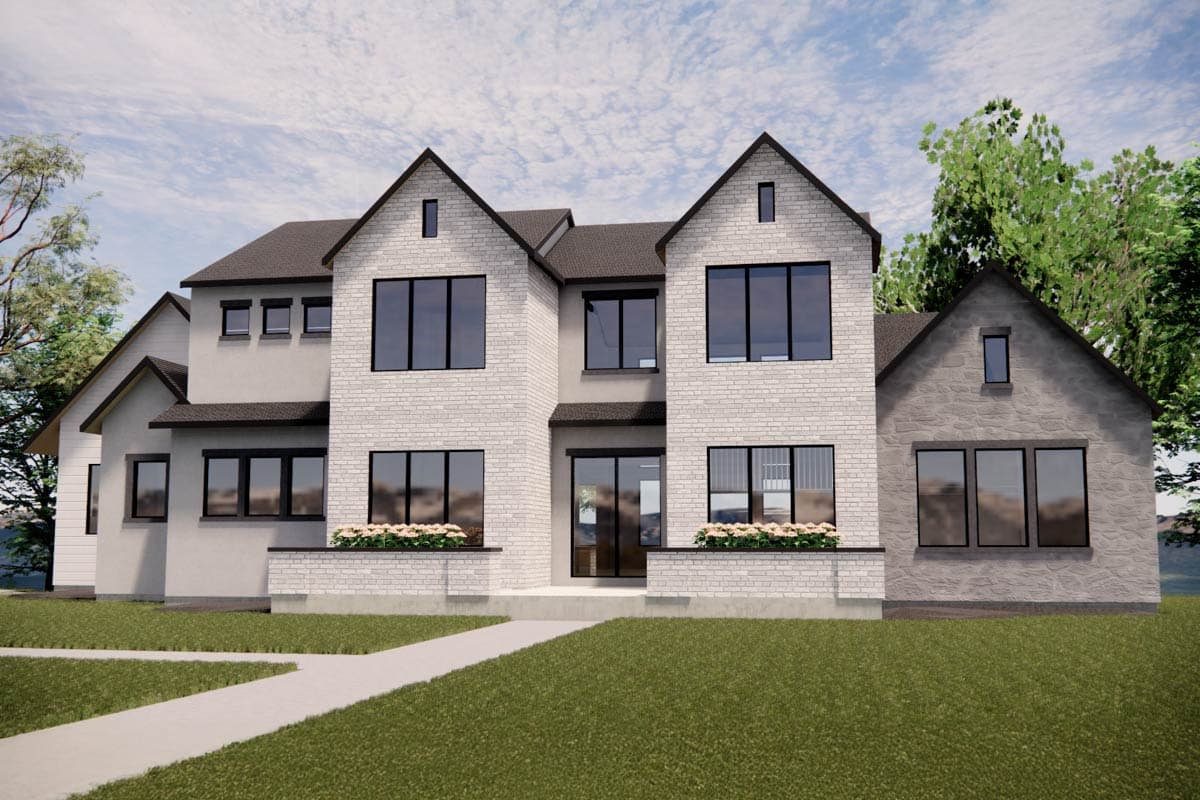 House plan exterior: Two-story modern home with gabled rooflines, white brick and stone facades, and large dark-framed windows.