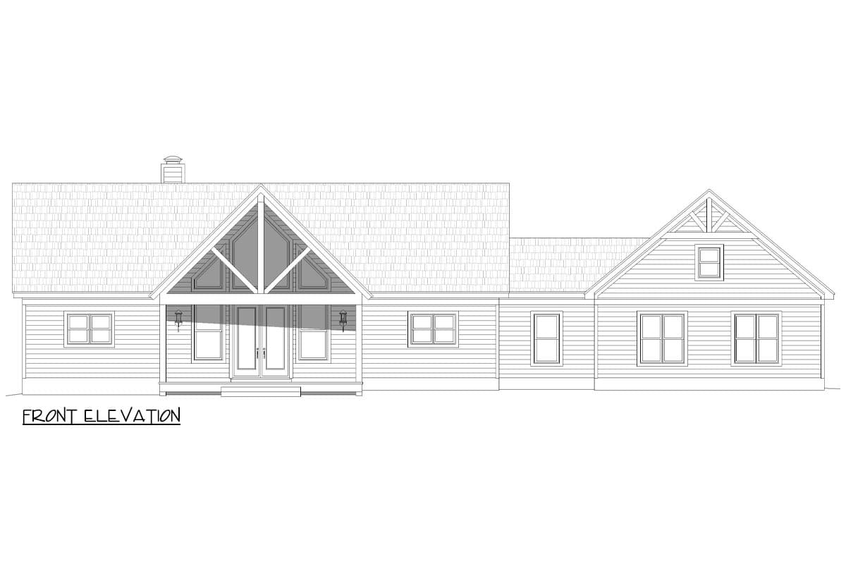 Front elevation drawing of a one-story house plan with a prominent gable, covered porch, and horizontal siding.