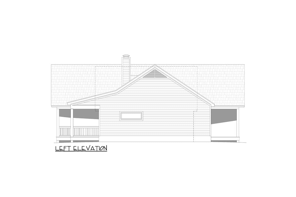 Left elevation drawing of a house plan featuring a gable roof, porch, and chimney.