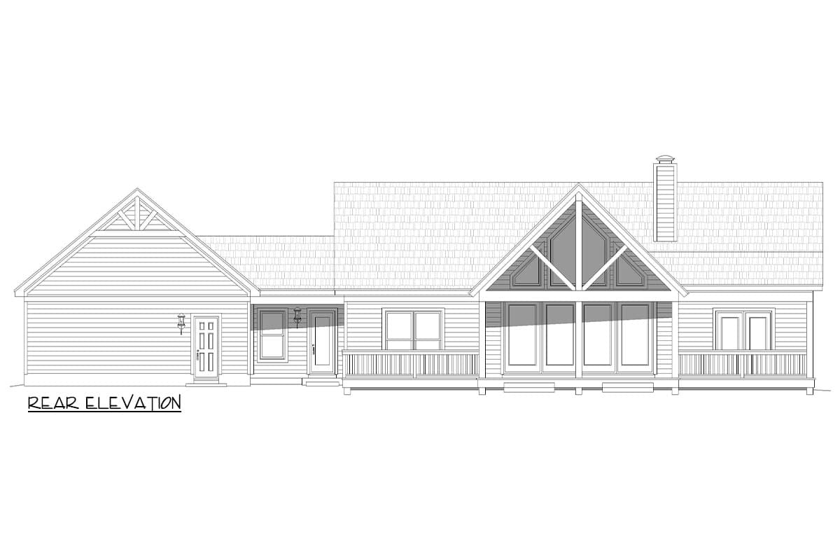 Rear elevation house plan drawing showing a 1-story home with a gabled garage, covered porch, and large A-frame window section.