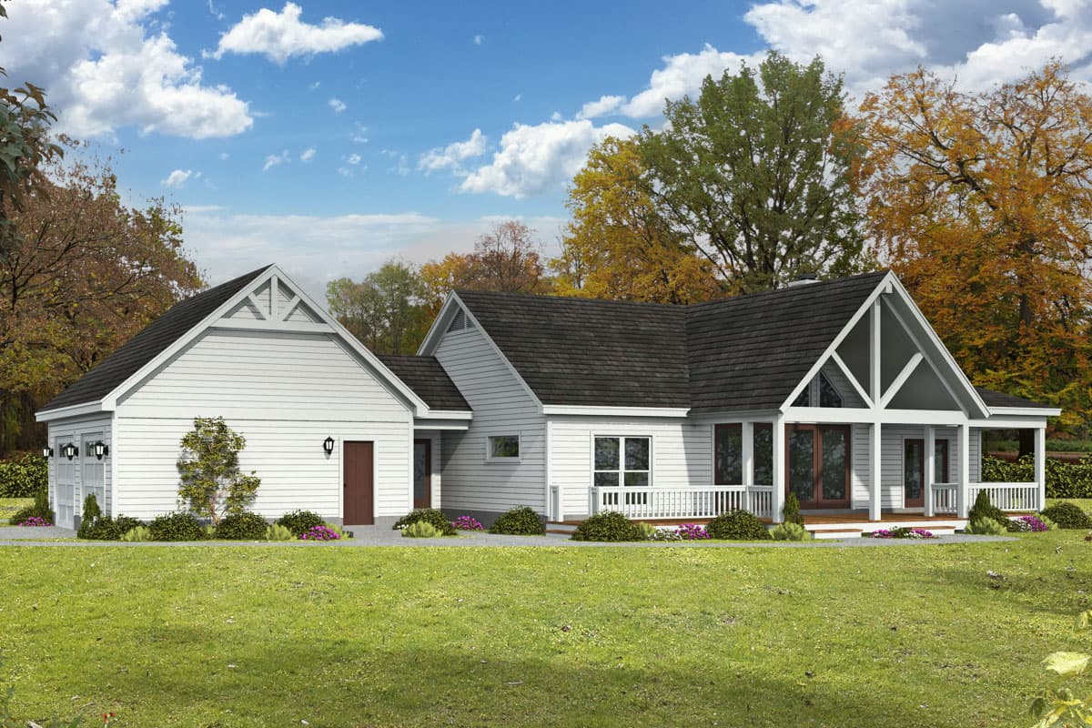 House plan exterior: Modern farmhouse style, one-story, white siding, attached garage, gable dormers, and covered porch with white railing.