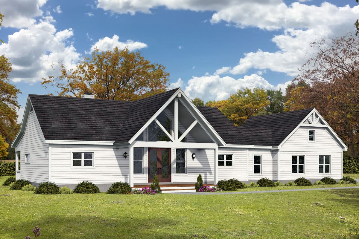 House plan exterior. Ranch style, one-story home with gable roof, large front porch with exposed beams, and multiple gables.
